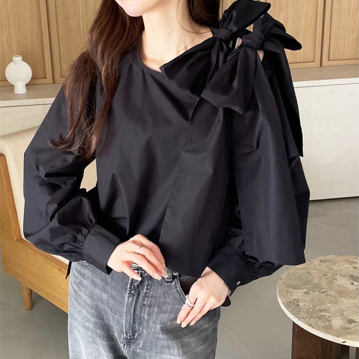 ブラック | 【YOUING.】ショルダーリボンブラウス | GeeRA