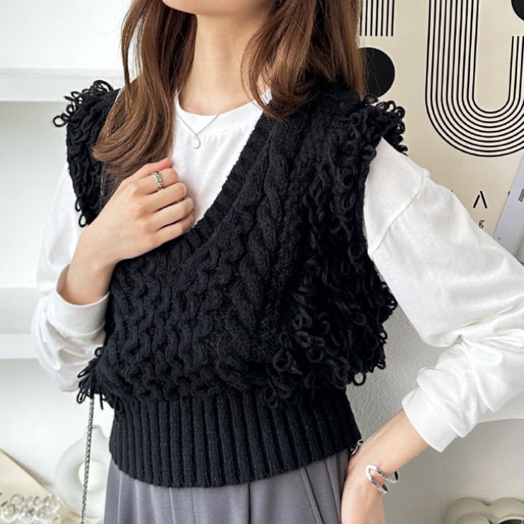 ブラック | フリンジニットベスト | GeeRA