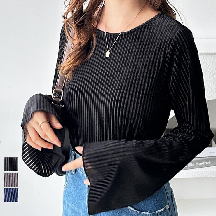 ベロアストライプフレアースリーブトップス | GeeRA | 詳細画像1 