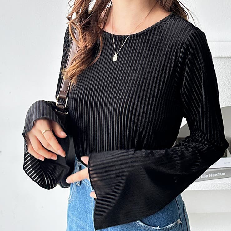 ブラック | ベロアストライプフレアースリーブトップス | GeeRA