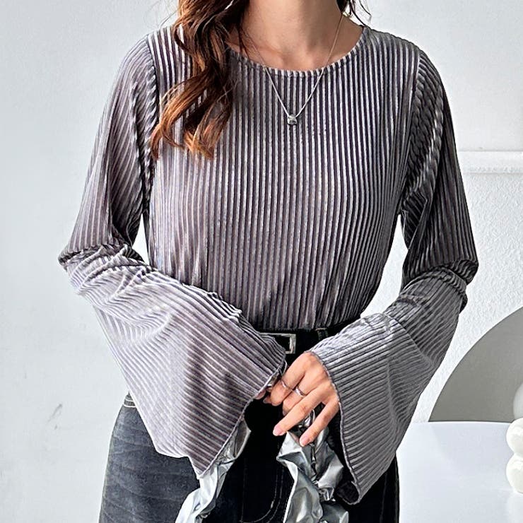 グレー | ベロアストライプフレアースリーブトップス | GeeRA