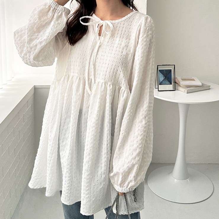 オフホワイト | 前後２ＷＡＹリボンペプラムチュニックブラウス | GeeRA