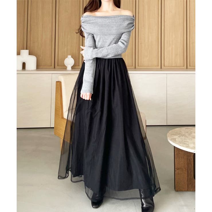 グレー×ブラック | 【YOUING.】オフショルチュールドッキングワンピース  | GeeRA