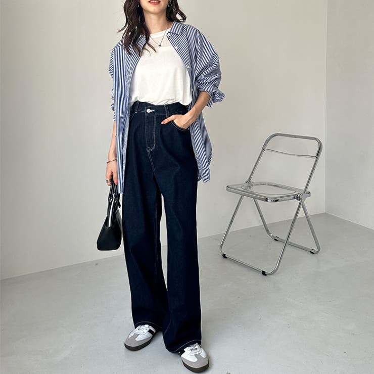 美脚見え！2ボタンウエストワイドデニムパンツ[品番