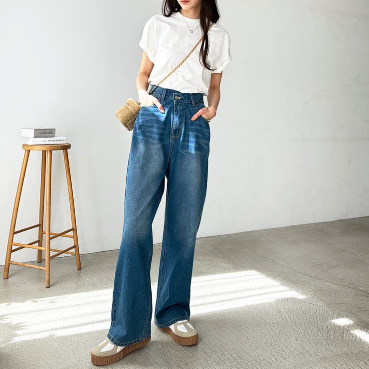 世界的に 美脚見え！2ボタンウエストワイドデニムパンツ[品番 パンツ