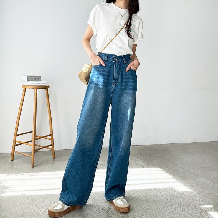 美脚見え!2ボタンウエストワイドデニムパンツ[品番 美脚見え!2ボタンウエストワイドデニムパンツ[品番