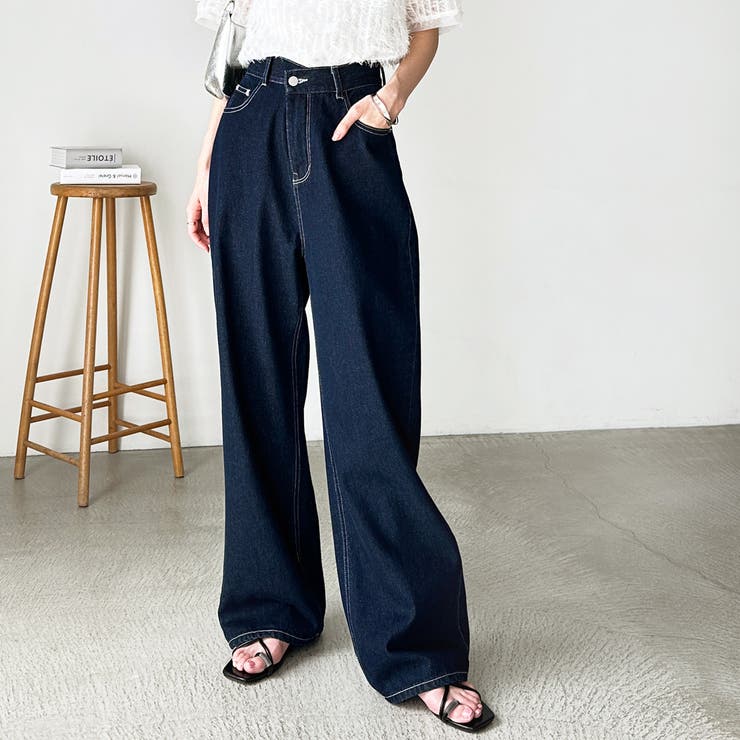 美脚見え！2ボタンウエストワイドデニムパンツ[品番：GERW0010896