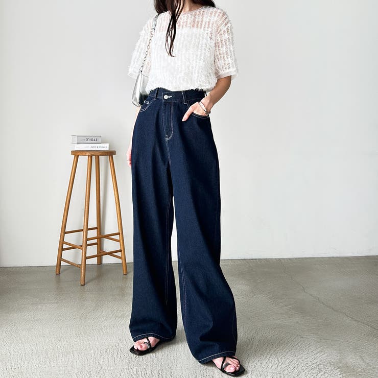 美脚見え！2ボタンウエストワイドデニムパンツ[品番：GERW0010896