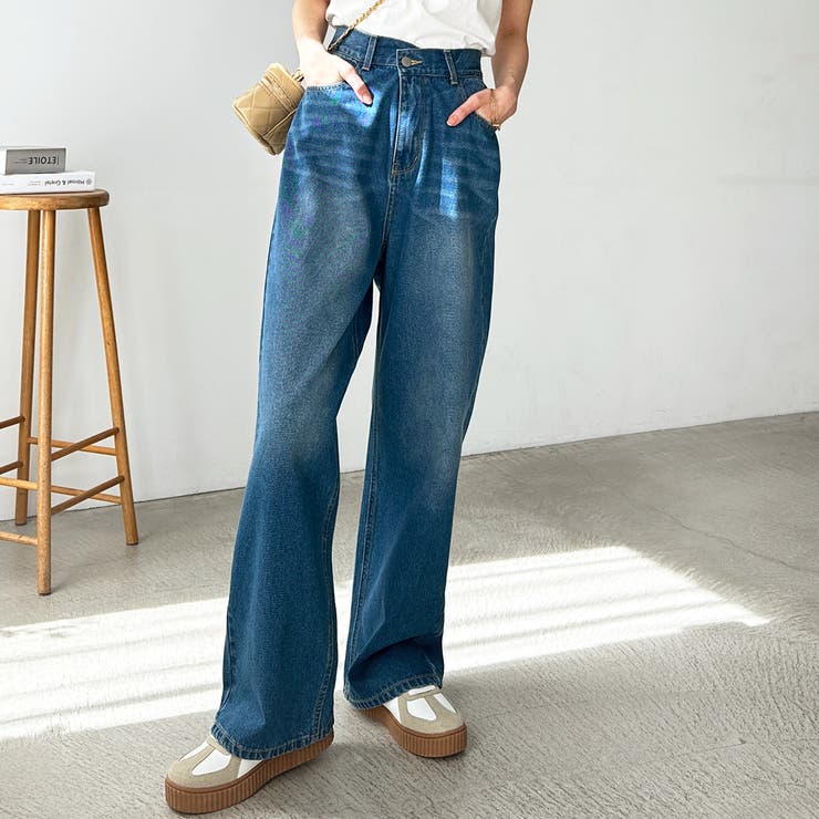 美脚見え！2ボタンウエストワイドデニムパンツ[品番