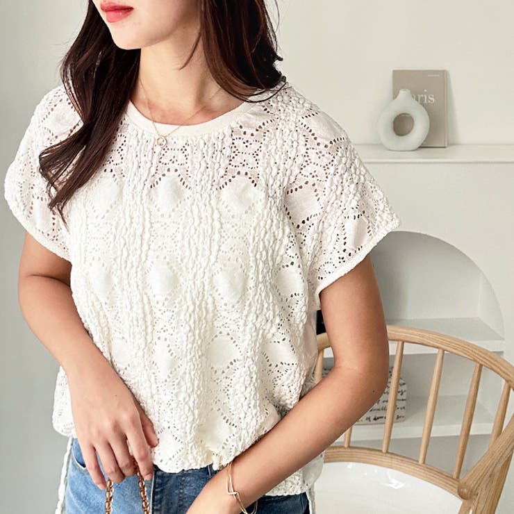 オフホワイト | 総レースフレンチスリーブＴシャツ | GeeRA