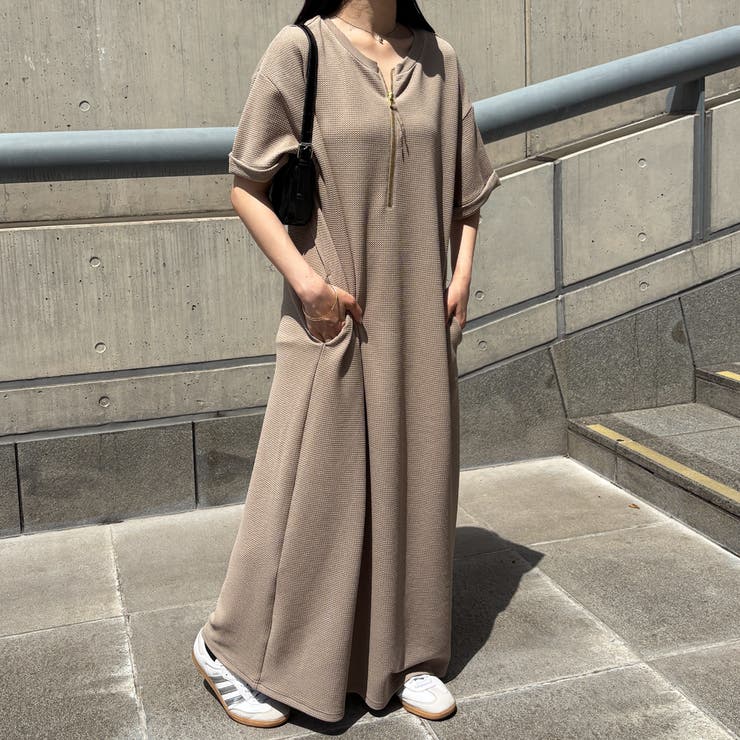 前後2WAYハーフジップ半袖Tシャツワンピース[品番：GERW0010978