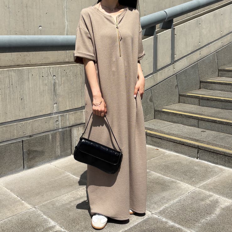 前後2WAYハーフジップ半袖Tシャツワンピース[品番：GERW0010978