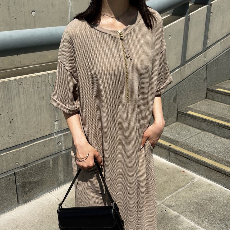 前後2WAYハーフジップ半袖Tシャツワンピース[品番：GERW0010978