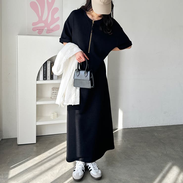 前後2WAYハーフジップ半袖Tシャツワンピース[品番