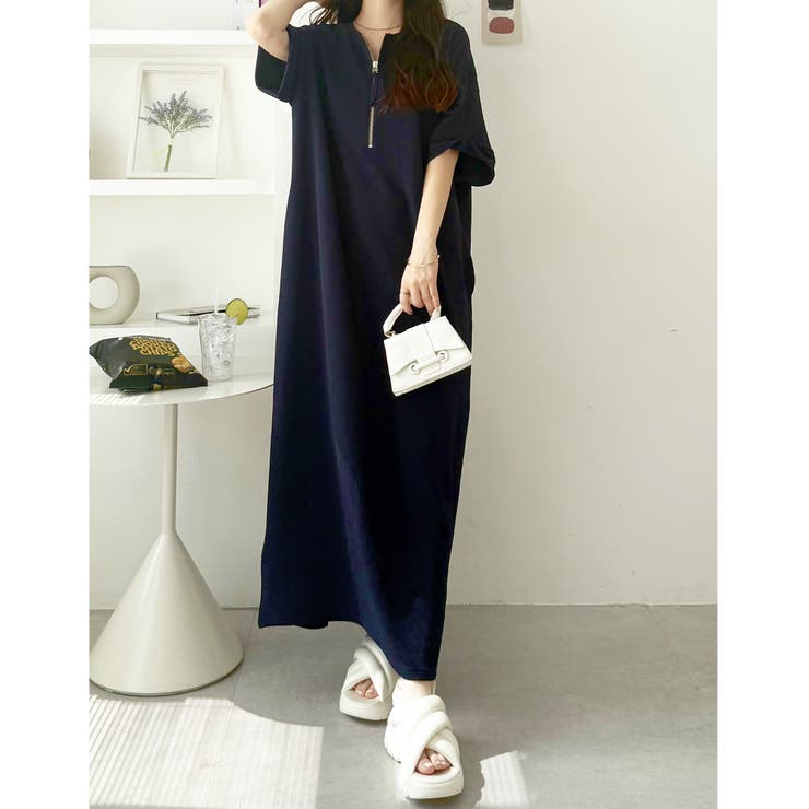 前後2WAYハーフジップ半袖Tシャツワンピース[品番：GERW0010978