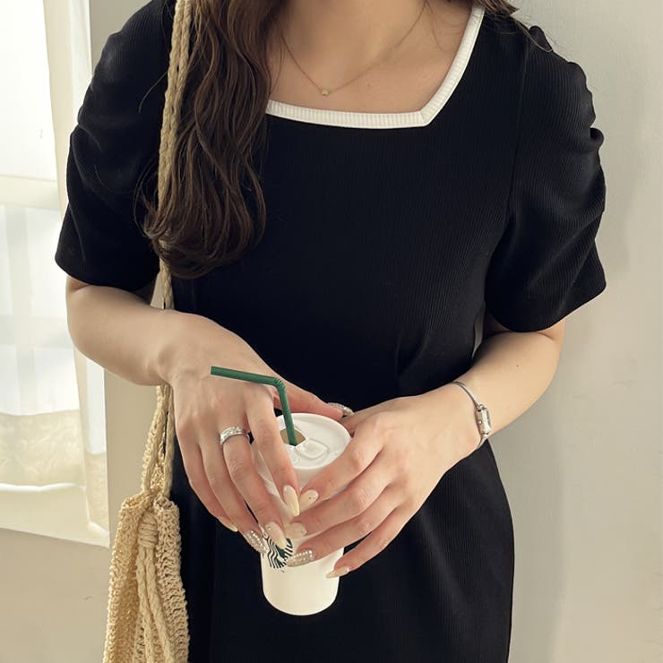 ブラック | 【nelliy.】バックオープン配色リブワンピース | GeeRA