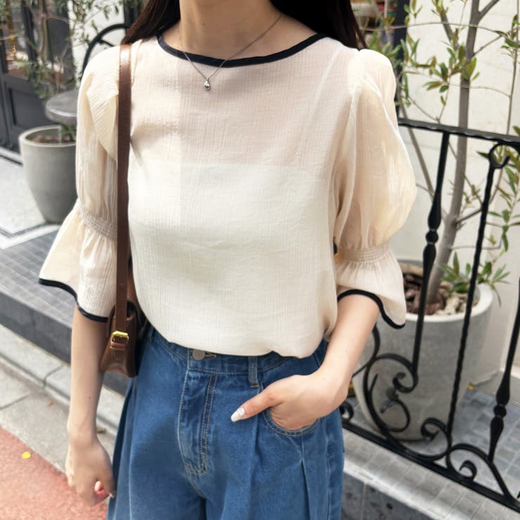 アイボリー | 前後２ＷＡＹキャンディスリーブ半袖シアーブラウス | GeeRA