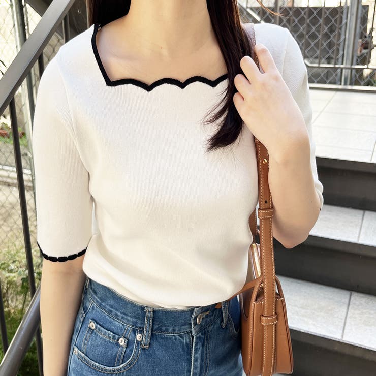 配色スカラップ５分袖サマーニット | GeeRA | 詳細画像5 