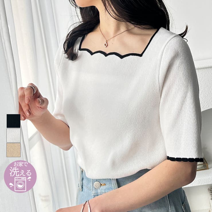 配色スカラップ５分袖サマーニット | GeeRA | 詳細画像1 