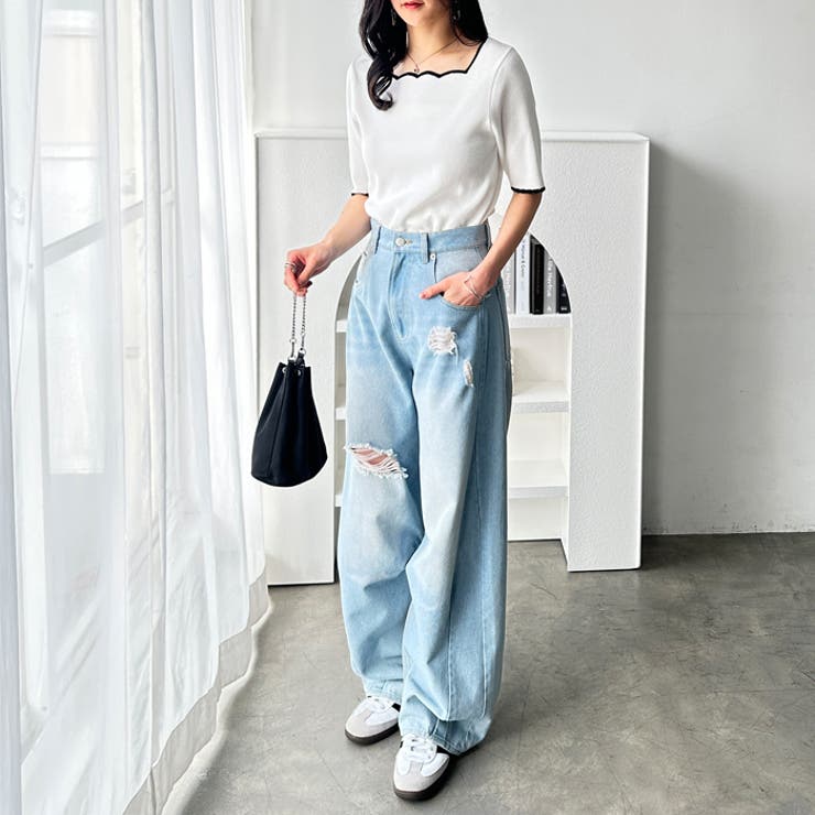 配色スカラップ５分袖サマーニット | GeeRA | 詳細画像3 