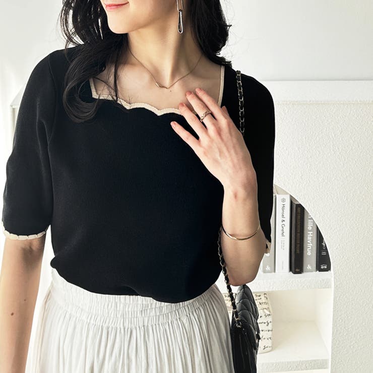 配色スカラップ５分袖サマーニット | GeeRA | 詳細画像6 