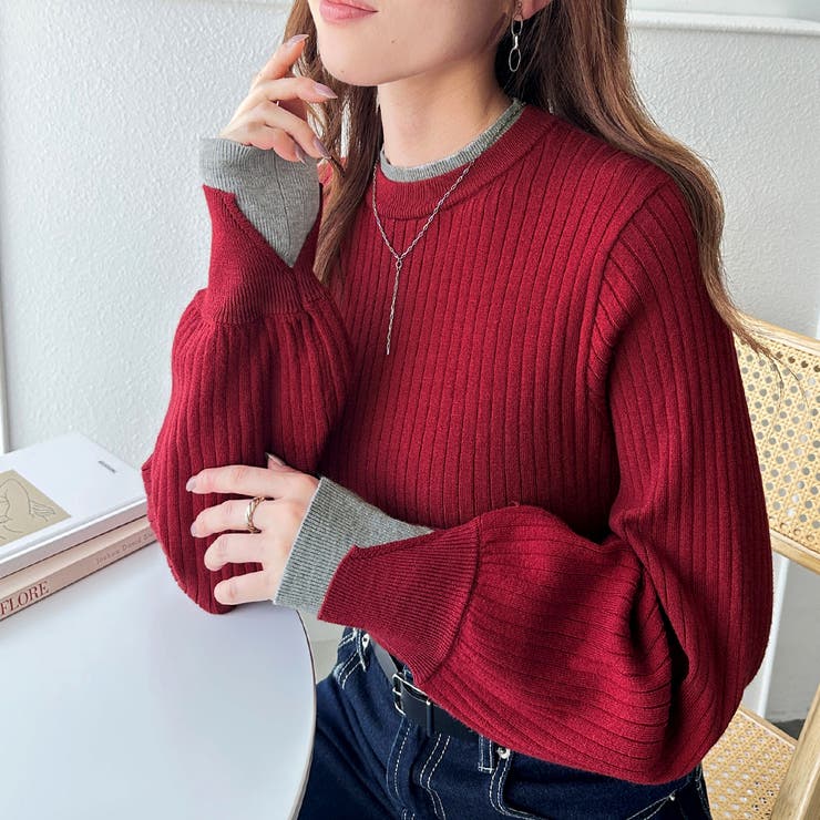 ボルドー×チャコール | レイヤード風ボトルネックリブニットトップス | GeeRA