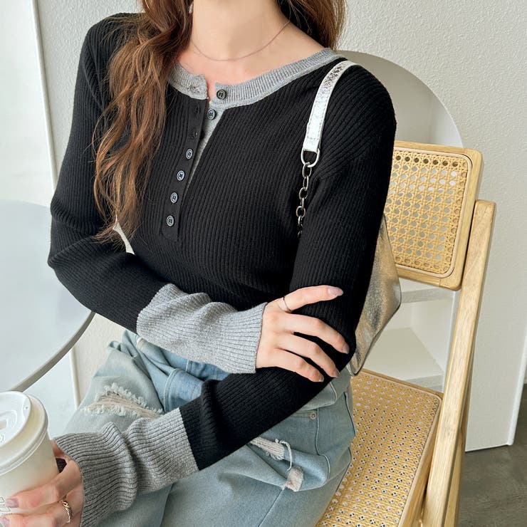 レイヤード風ヘンリーネックリブニットトップス | GeeRA | 詳細画像3 