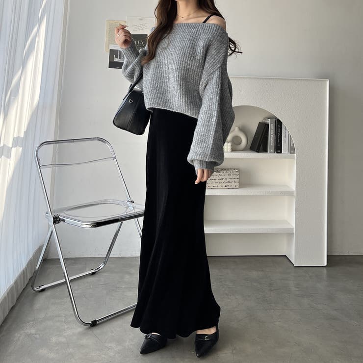 nelliy.】オフショルニット×ベロアキャミワンピースSET[品番