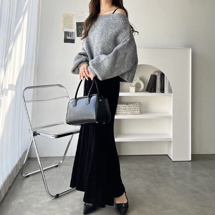 nelliy.】オフショルニット×ベロアキャミワンピースSET[品番