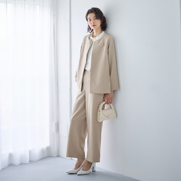 ベージュ | 【２点セット】フレアーラインジャケットワイドパンツセットアップスーツ | GeeRA