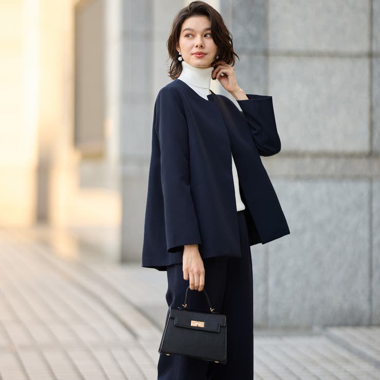 ネイビー | 【２点セット】フレアーラインジャケットワイドパンツセットアップスーツ | GeeRA