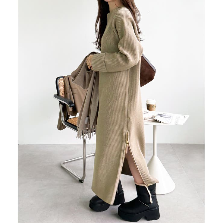 ベージュミックス | 裾ファスナースリットニットワンピース | GeeRA