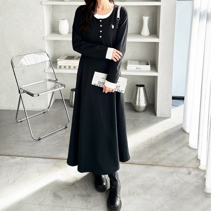 ブラック系 | 【Ｕ．Ｓ． ＰＯＬＯ ＡＳＳＮ．】レイヤード風ヘンリーネックワンピース | GeeRA