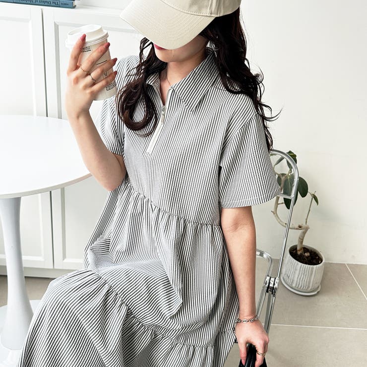 黒系ストライプ | サッカーティアードハーフジップワンピース | GeeRA