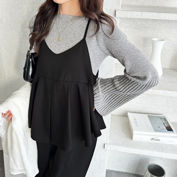 ブラック | セットアップ風プリーツビスチェキャミサロペ | GeeRA