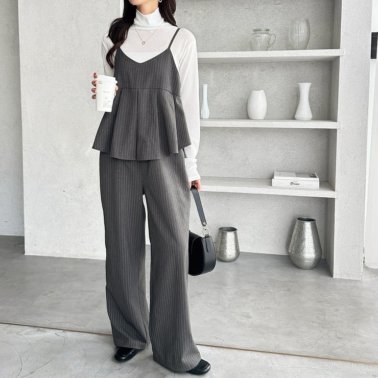 チャコールストライプ | セットアップ風プリーツビスチェキャミサロペ | GeeRA
