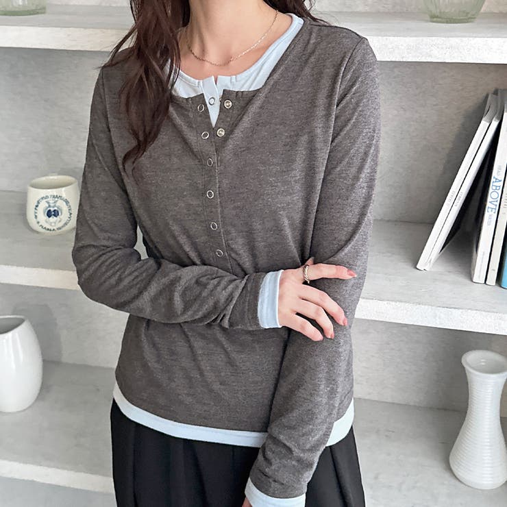 チャコールグレー | レイヤード風ヘンリーネックカットソー | GeeRA