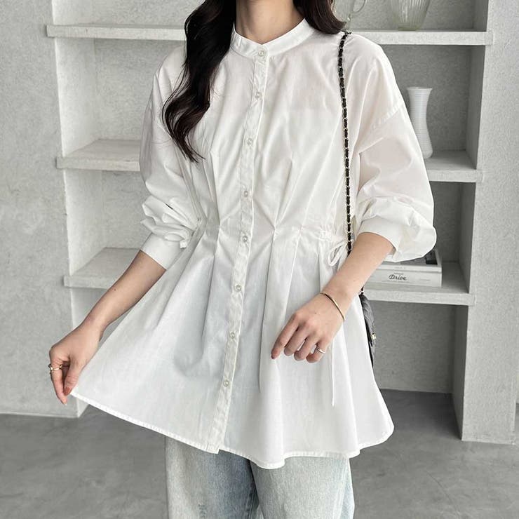 オフホワイト | ウエストタックリボンシャツチュニック | GeeRA