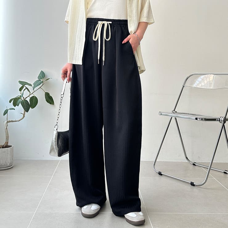 ブラック | さらっと着やすい！ストライプワイドパンツ | GeeRA