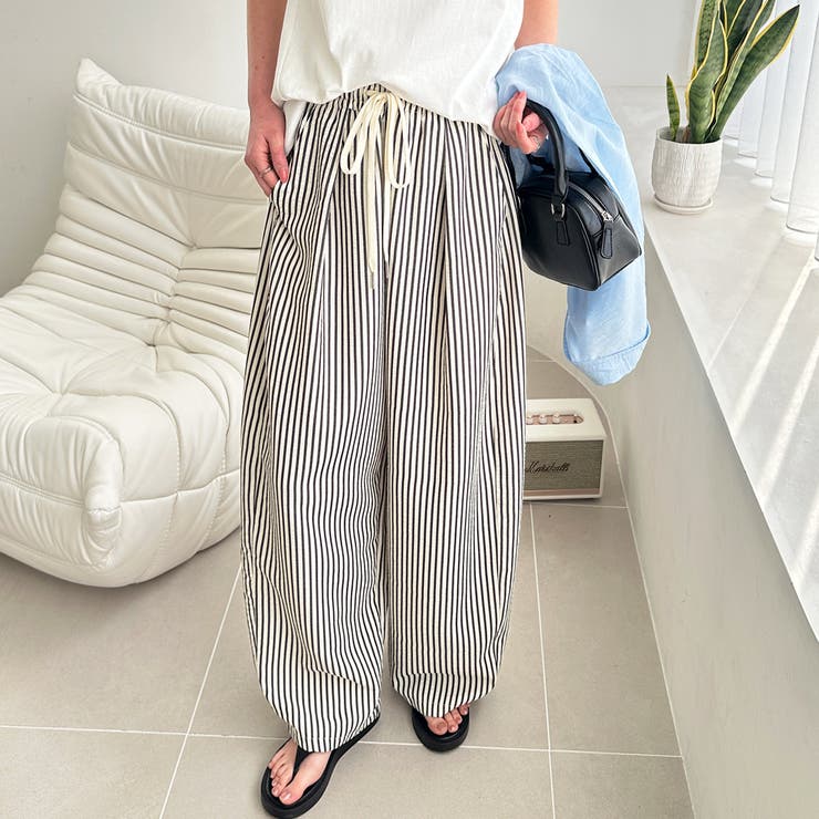 アイボリー×ブラック | さらっと着やすい！ストライプワイドパンツ | GeeRA