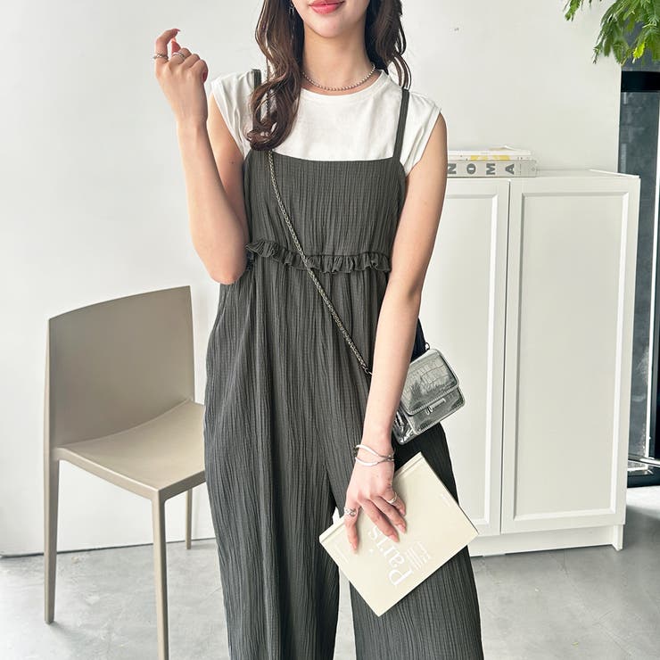 チャコール | フリルデザインサロペット | GeeRA