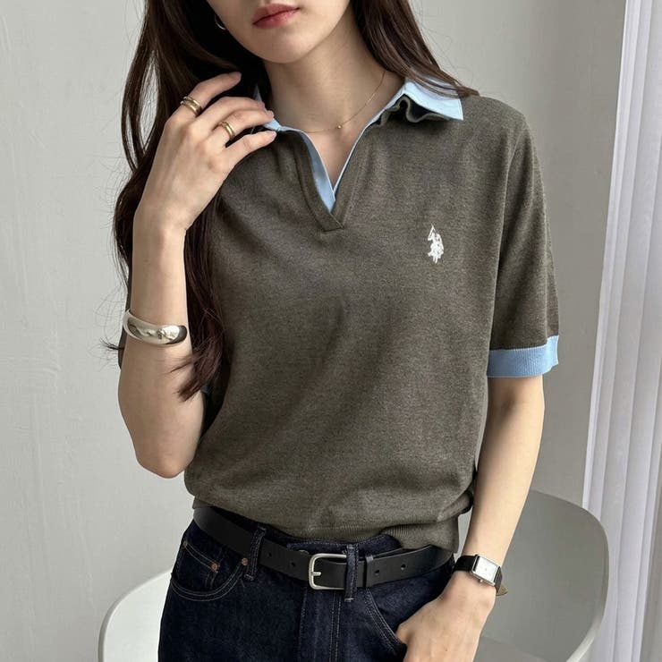 チャコール | 【Ｕ．Ｓ． ＰＯＬＯ ＡＳＳＮ．】衿付ポロニットトップス | GeeRA