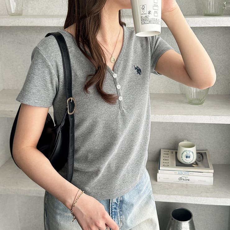 杢グレー | 【Ｕ．Ｓ． ＰＯＬＯ ＡＳＳＮ．】接触冷感Vネックヘンリーリブカットソー | GeeRA