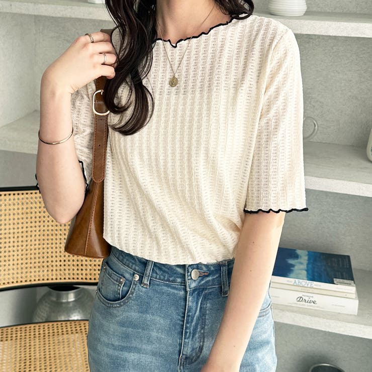 配色メロー５分袖表面感カットソー | GeeRA | 詳細画像3 