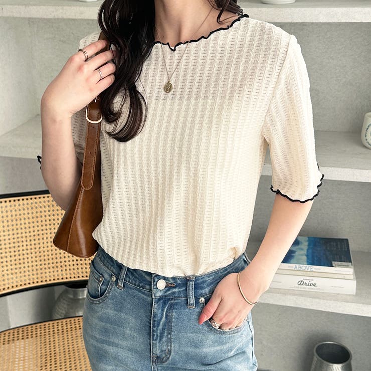 配色メロー５分袖表面感カットソー | GeeRA | 詳細画像4 