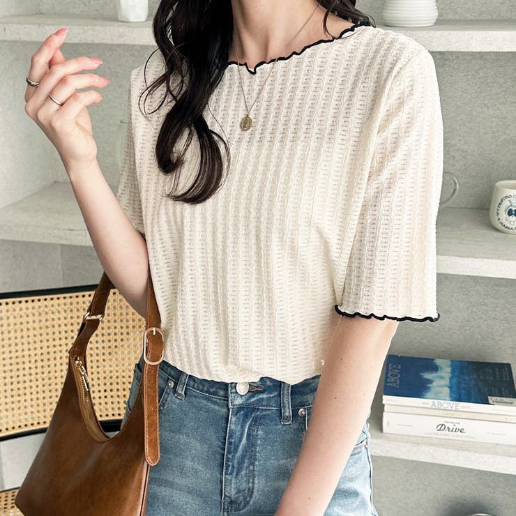 アイボリー | 配色メロー５分袖表面感カットソー | GeeRA