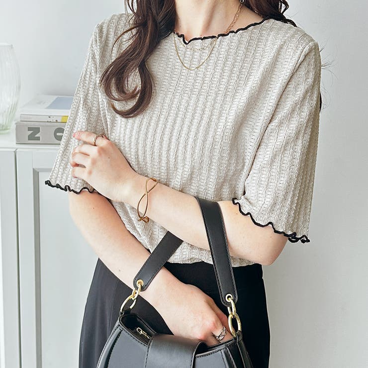 ライトグレー | 配色メロー５分袖表面感カットソー | GeeRA