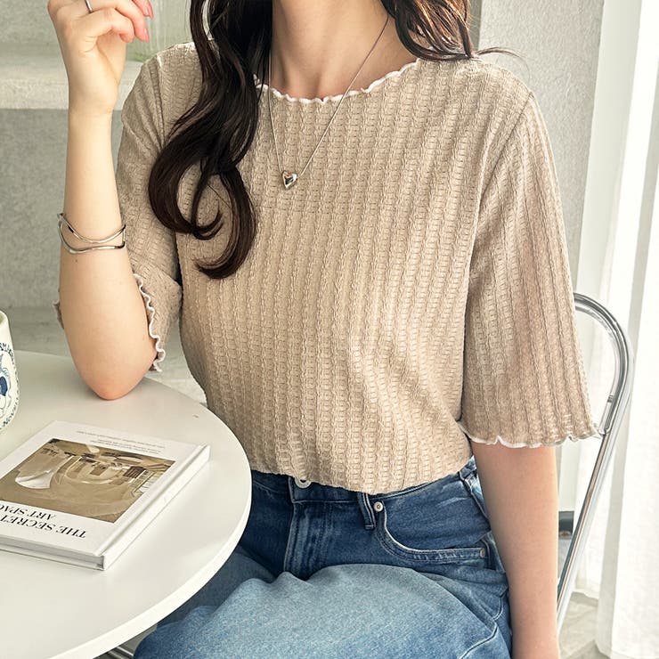 モカ | 配色メロー５分袖表面感カットソー | GeeRA