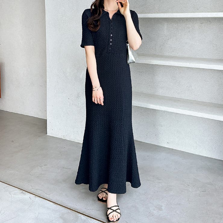 ネイビー | 全骨格細見え！表面感素材マーメイドワンピース | GeeRA