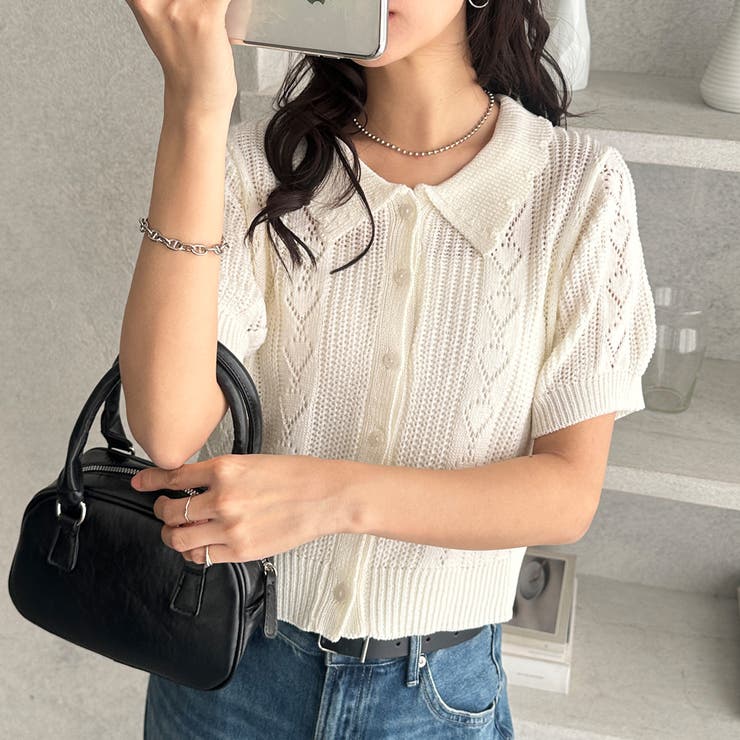 オフホワイト | 透かし編みポロ衿ニット | GeeRA